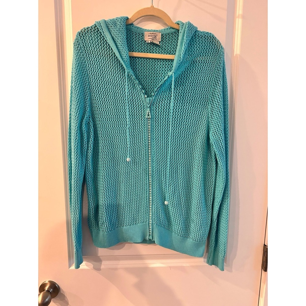 Cotton Summer Full Zip Sweater size XL Crochet Knit Turquoise color